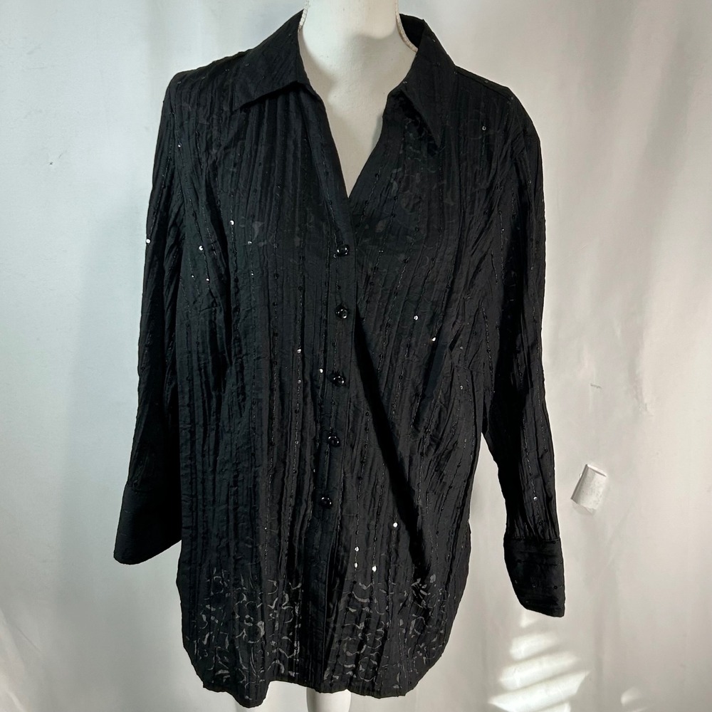 JM Collection Woman‎ Black Textured Sequin Button Up Shirt Plus Size 18W